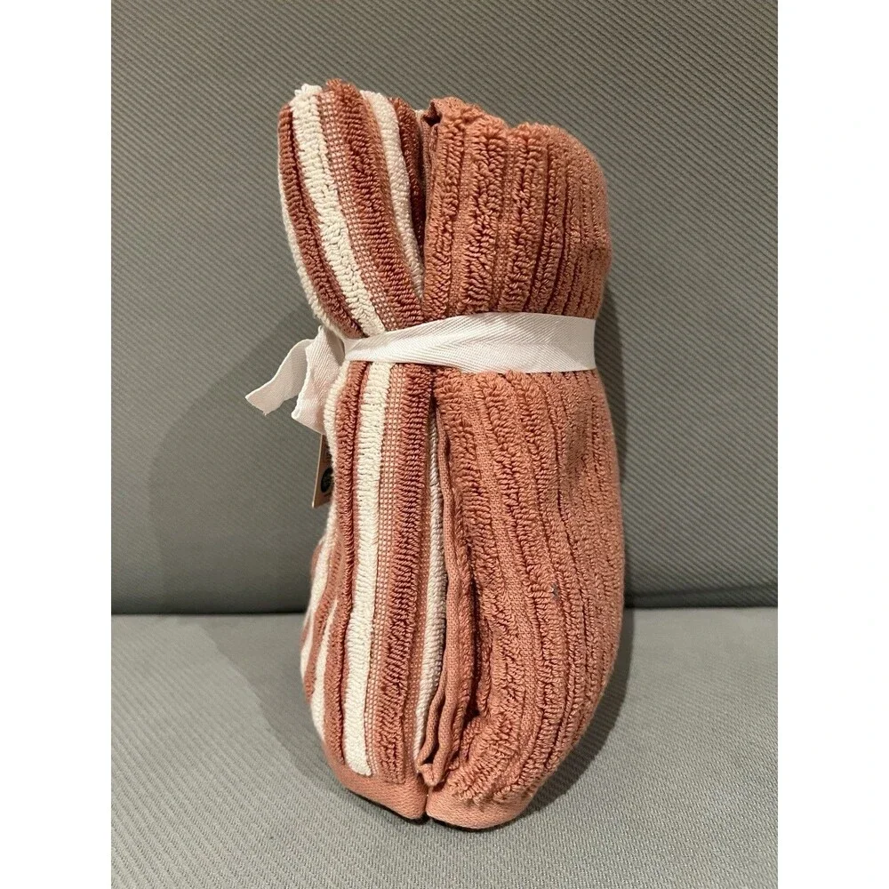 Rachel Zoe Hand Towels 2 Piece Stripe & Solid Cotton New